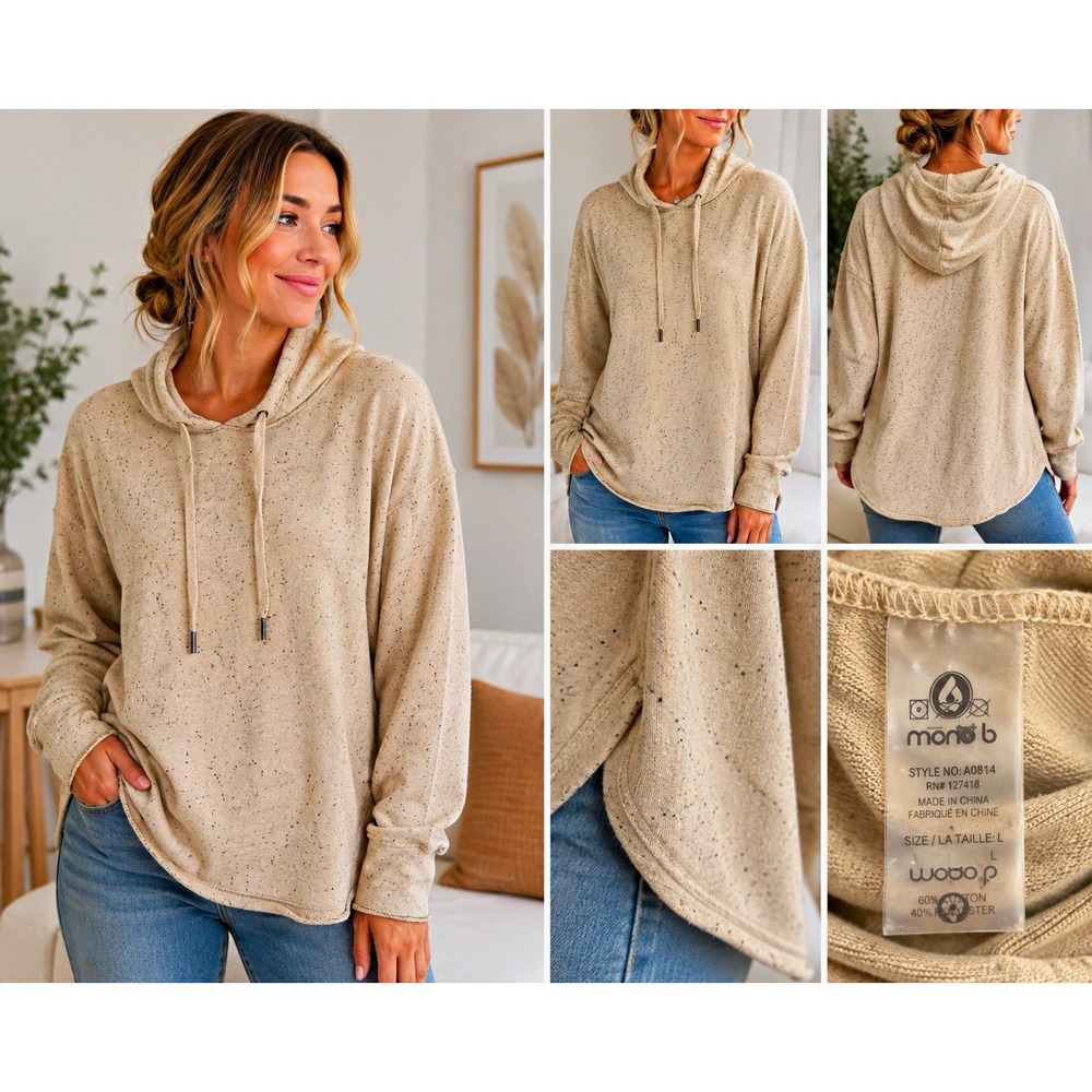 Mono B Womens Beige Speckled Pullover Hoodie Long Sleeve A0814 Size L